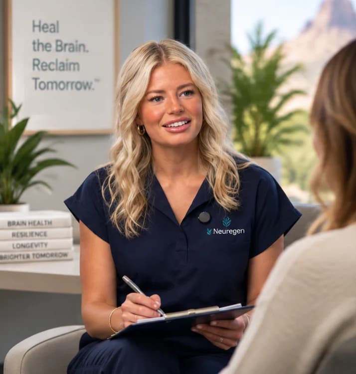 AI-generated image of Annie, RN, listening during a consultation.