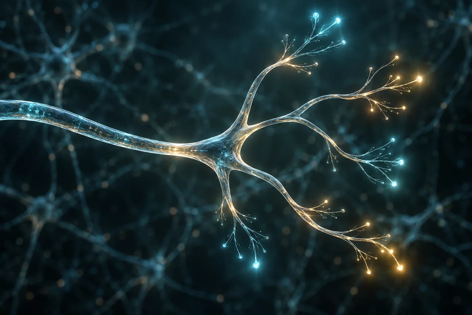 Illustration of branching neural connections illuminated in teal and gold.