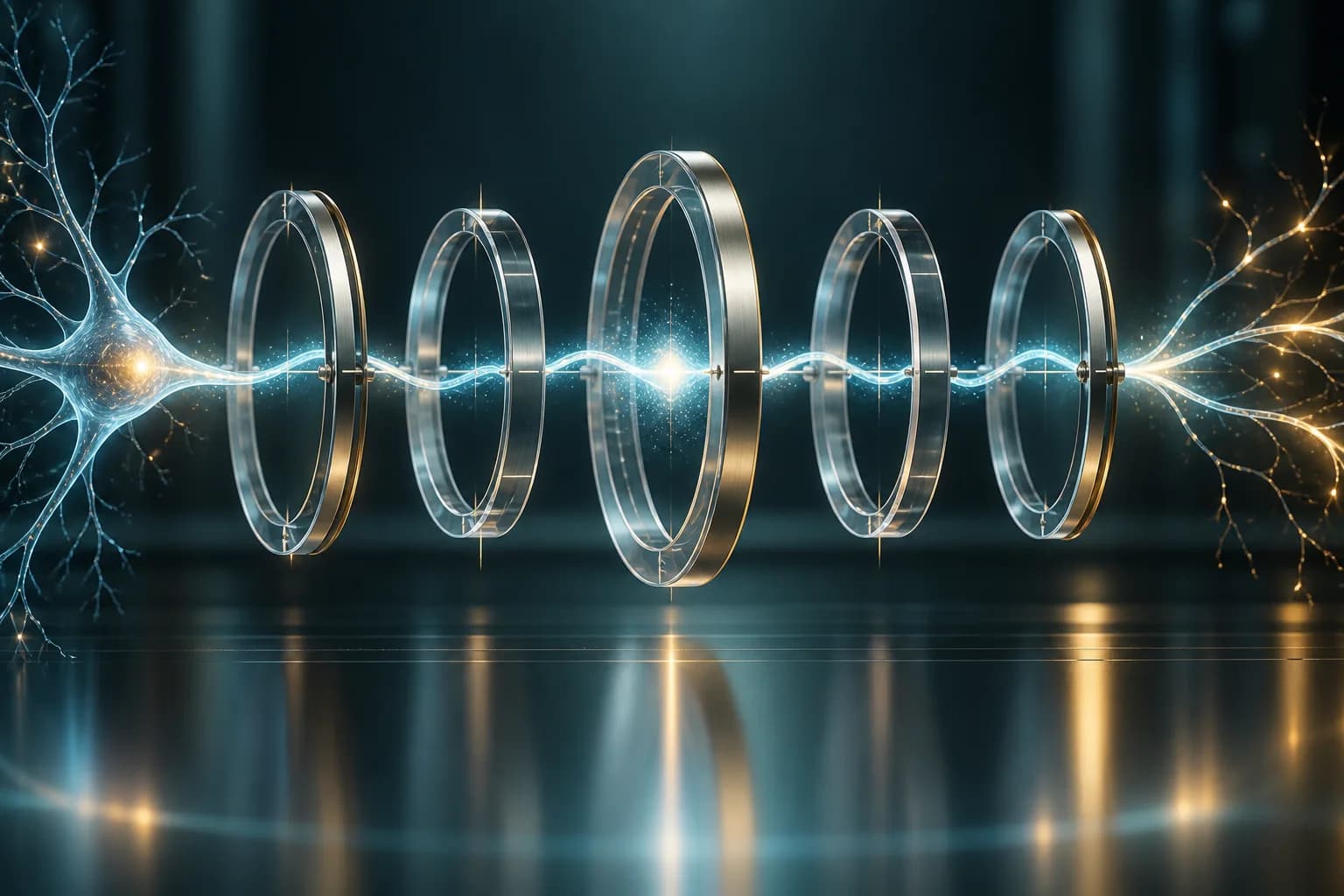 Illustration of a neural signal passing through a sequence of measurement rings.