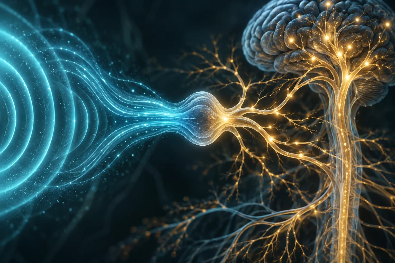 Illustration of a signal reaching a network of neural pathways.