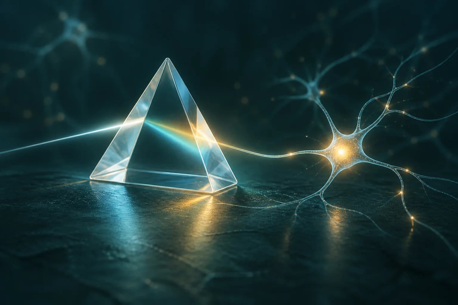 Illustration of light passing through a prism beside a neural connection.