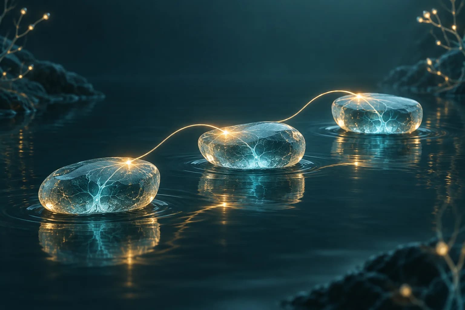 Illustration of illuminated stepping stones beside a neural connection.