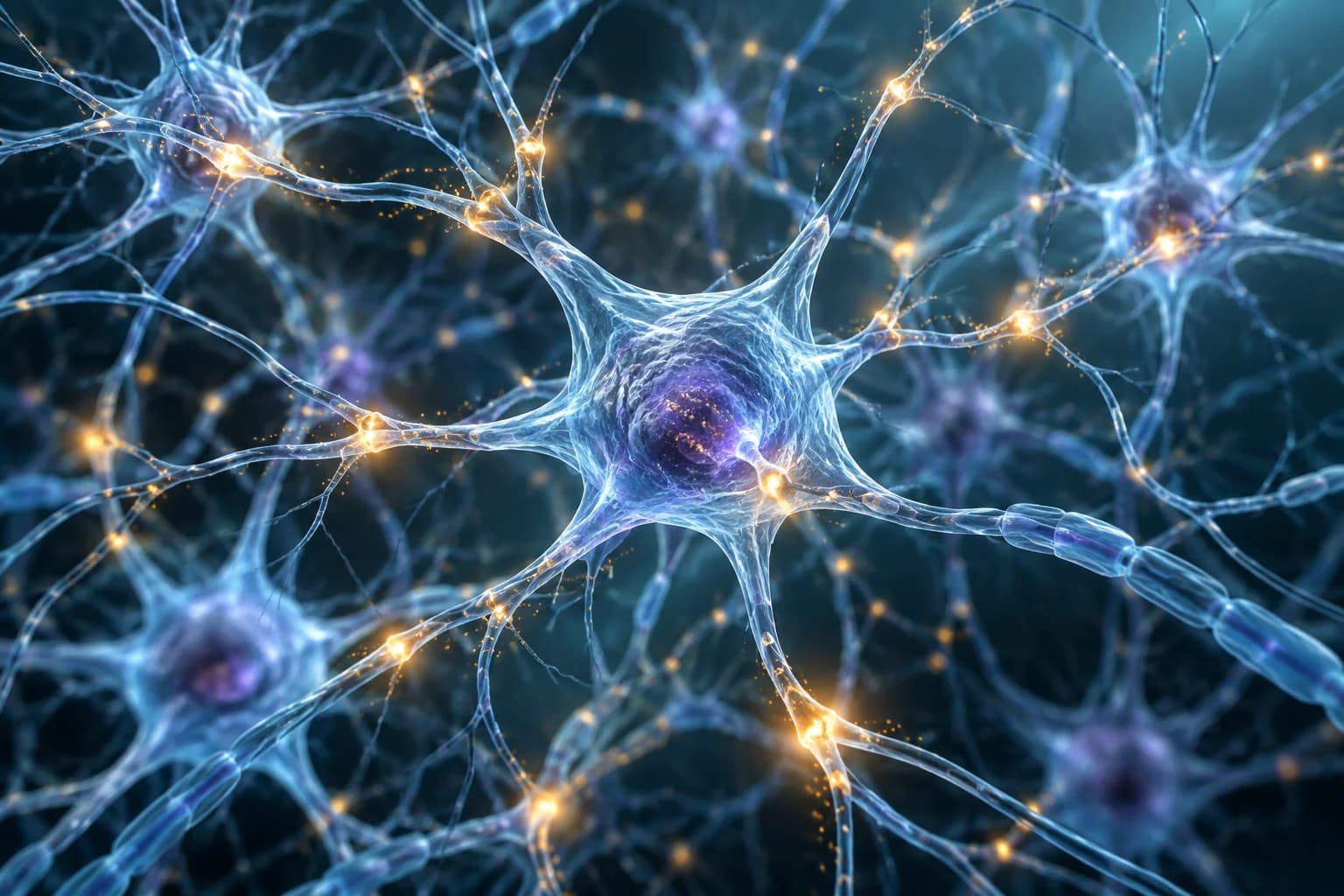 Illustration of interconnected neurons in layered blue light.