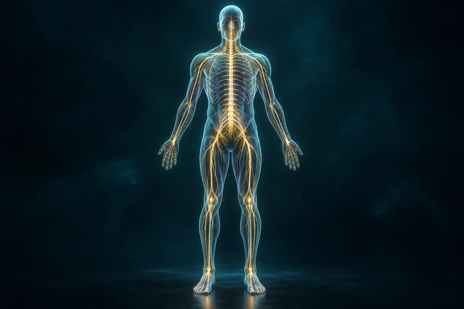 Conceptual illustration of an upright body and branching peripheral nerves.