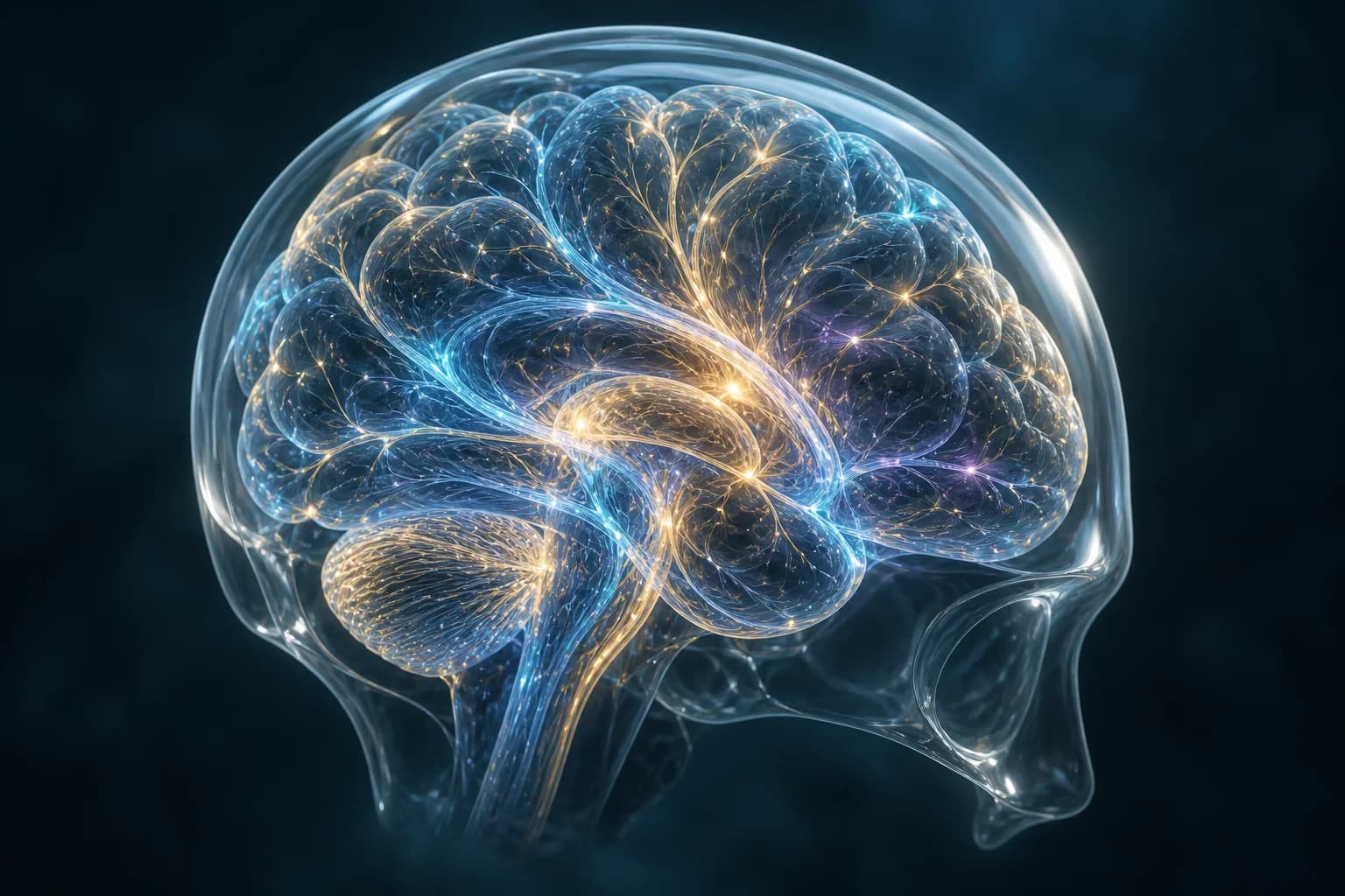 Conceptual illustration of neural fibers inside a translucent cranial contour.