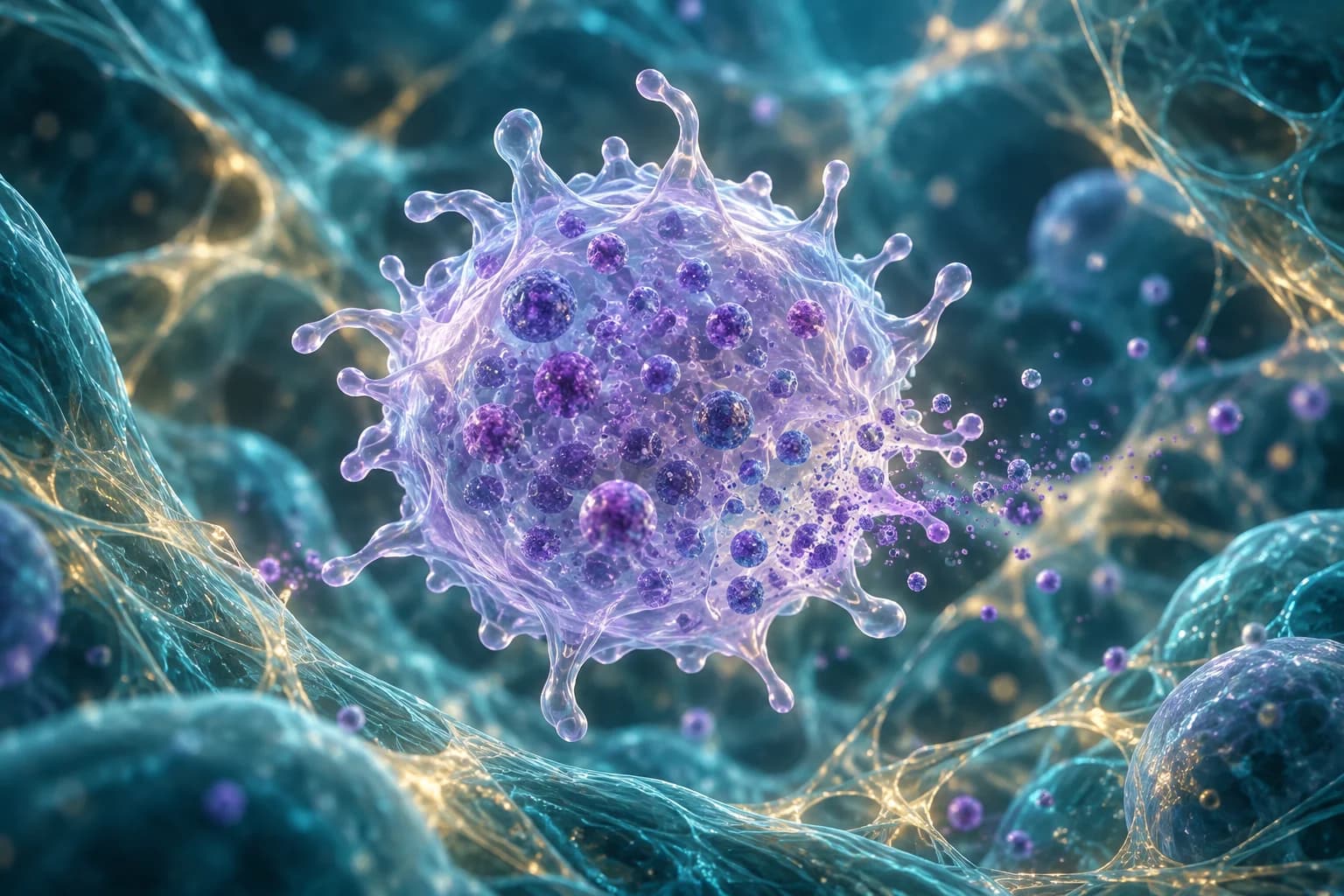 Conceptual illustration of a violet immune cell and surrounding granules.
