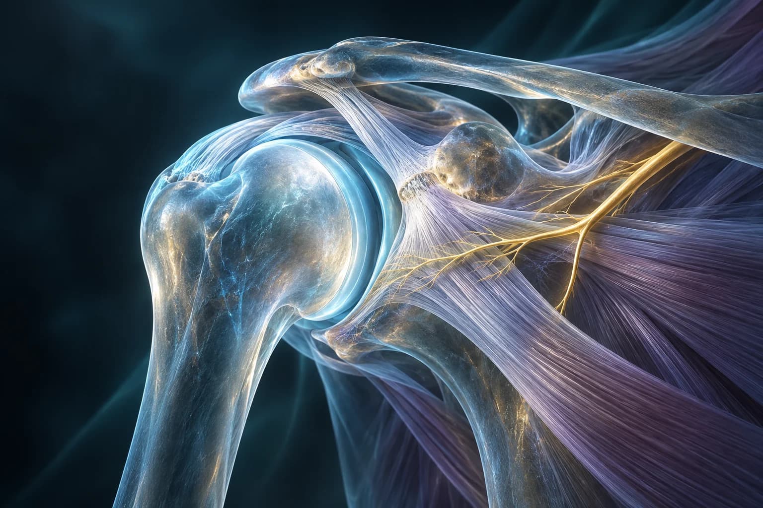 Conceptual illustration of a shoulder joint, connective tissue and a peripheral nerve.