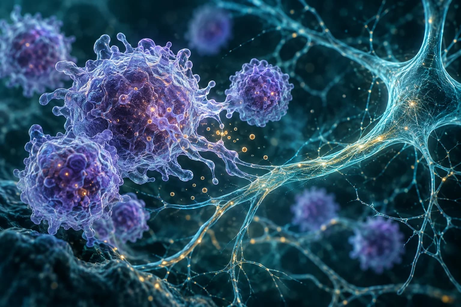 Conceptual illustration of immune cells beside a fine neural filament.