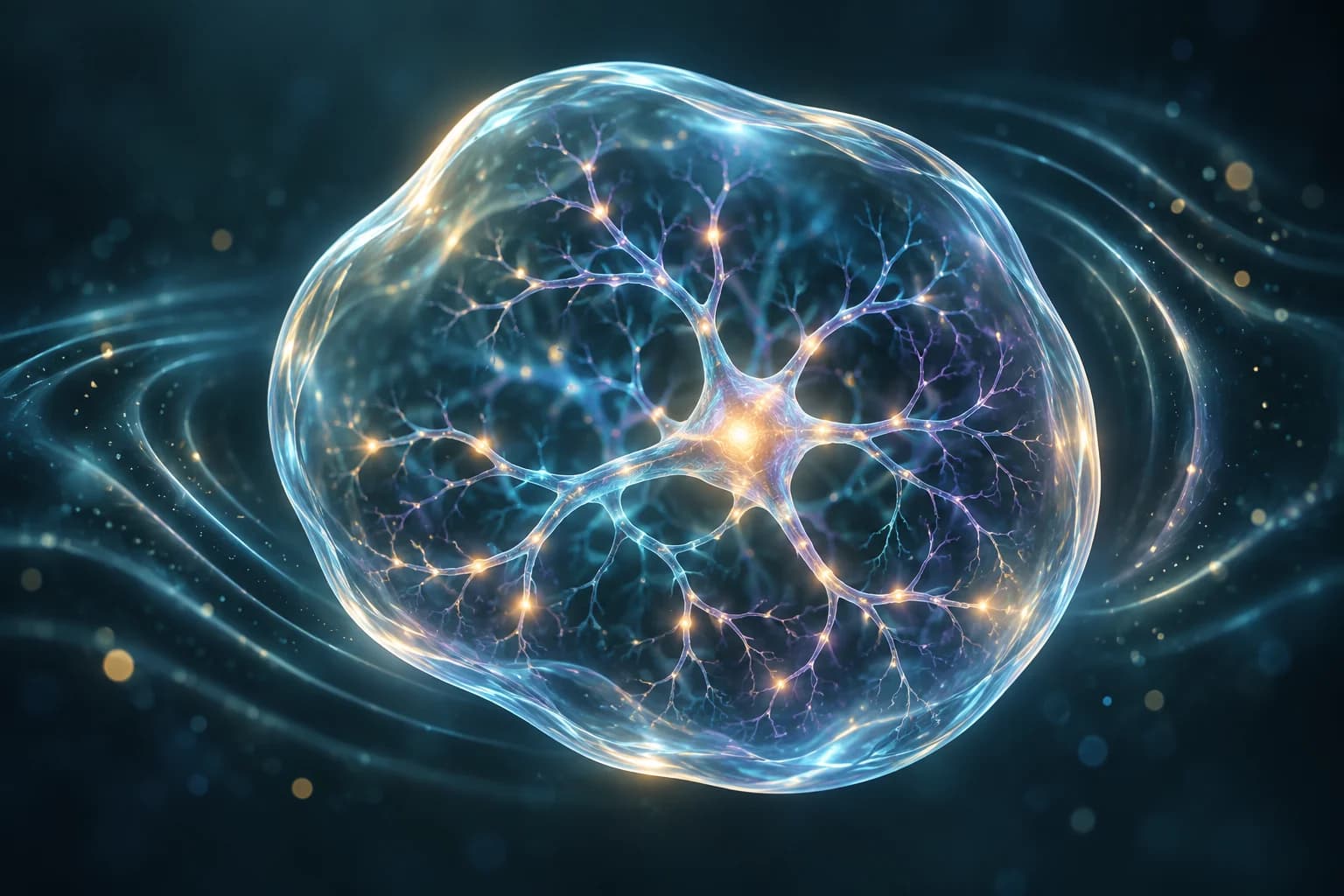 Conceptual illustration of a delicate neural network inside a translucent shell.