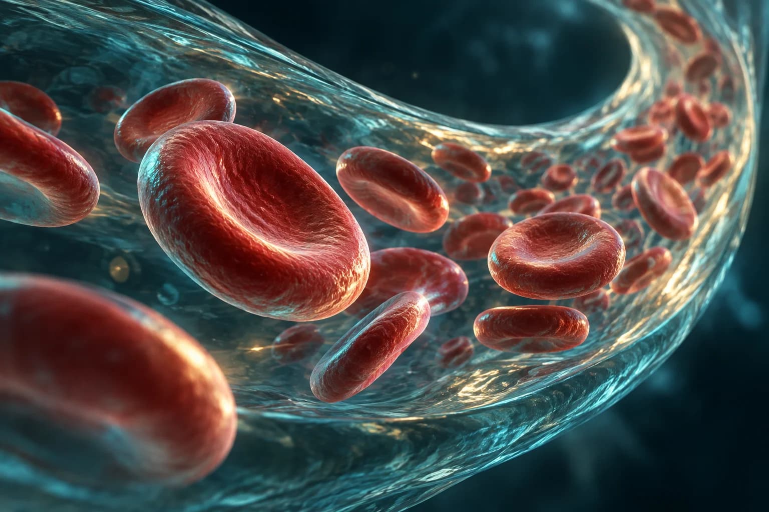 Conceptual illustration of blood cells inside a vessel; not a treatment demonstration.