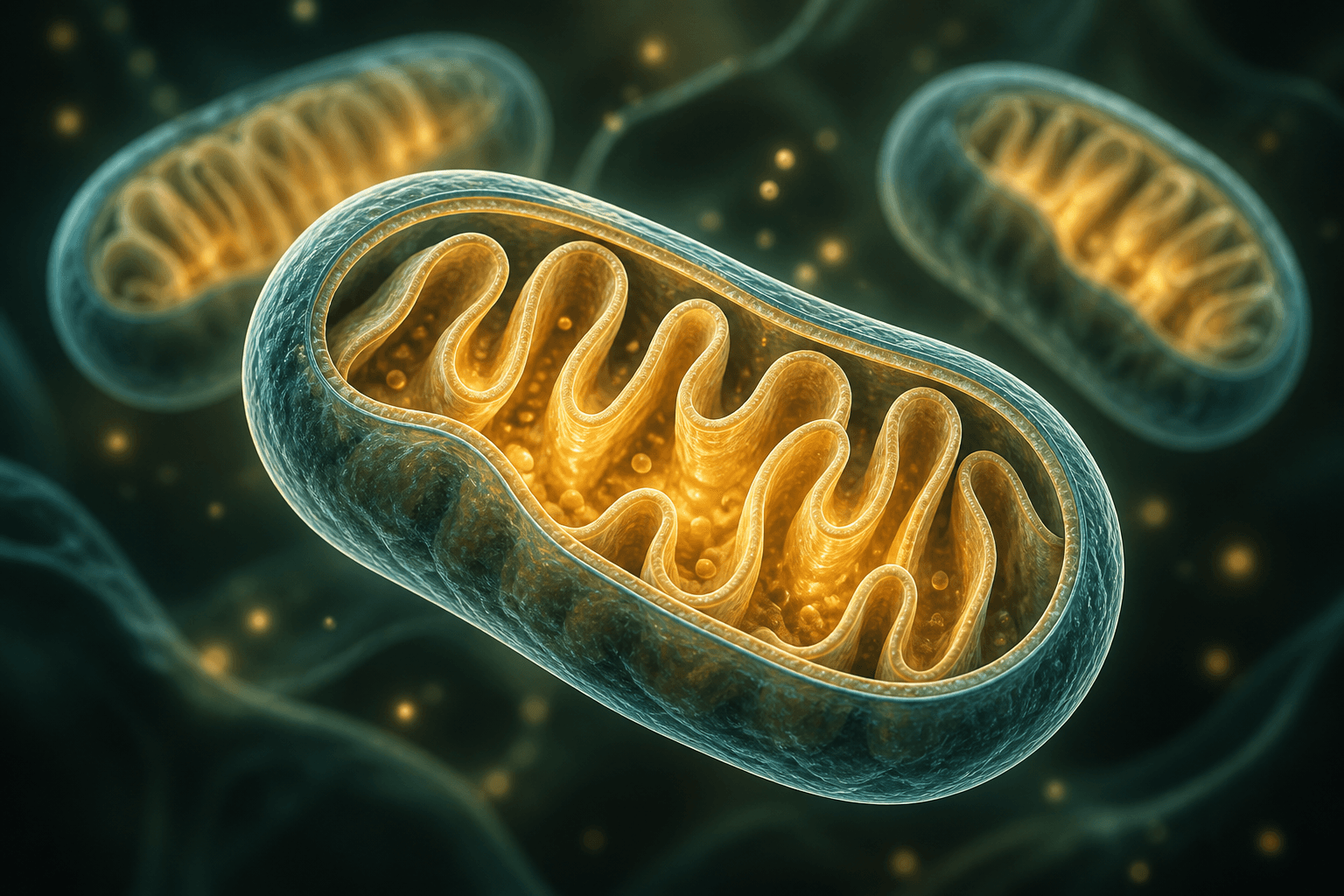 Illustration of mitochondria showing their folded inner membranes.