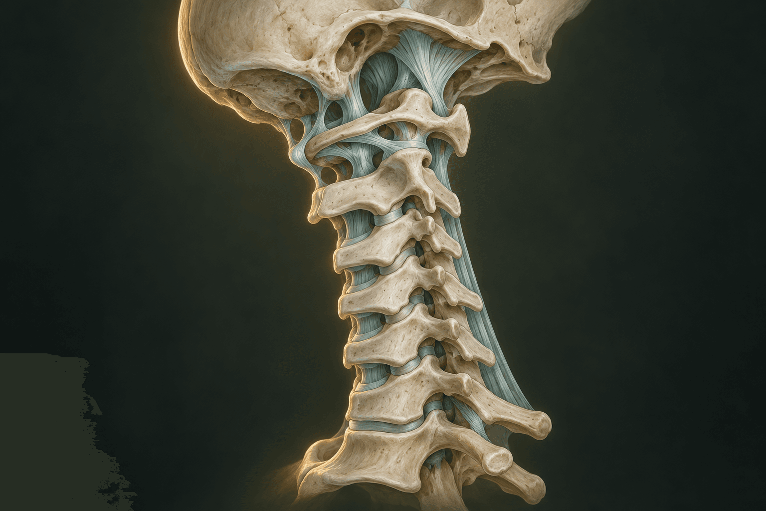 Anatomical illustration of the skull base, cervical vertebrae and supporting ligaments.