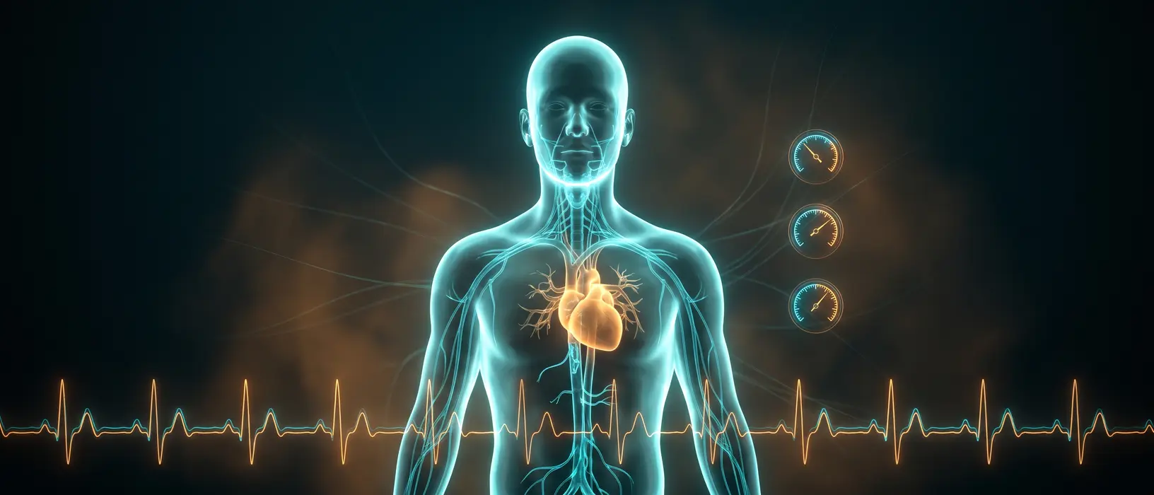 Conceptual illustration of the nervous system, heart and physiologic measurements.