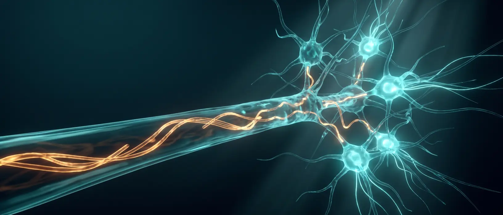 Conceptual illustration of a nerve fiber branching into neural connections.