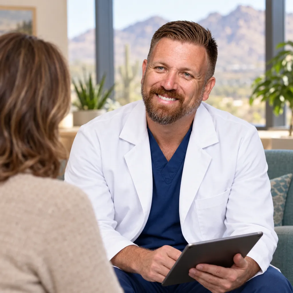 AI-generated image of Dr. David George listening to a patient during a consultation.