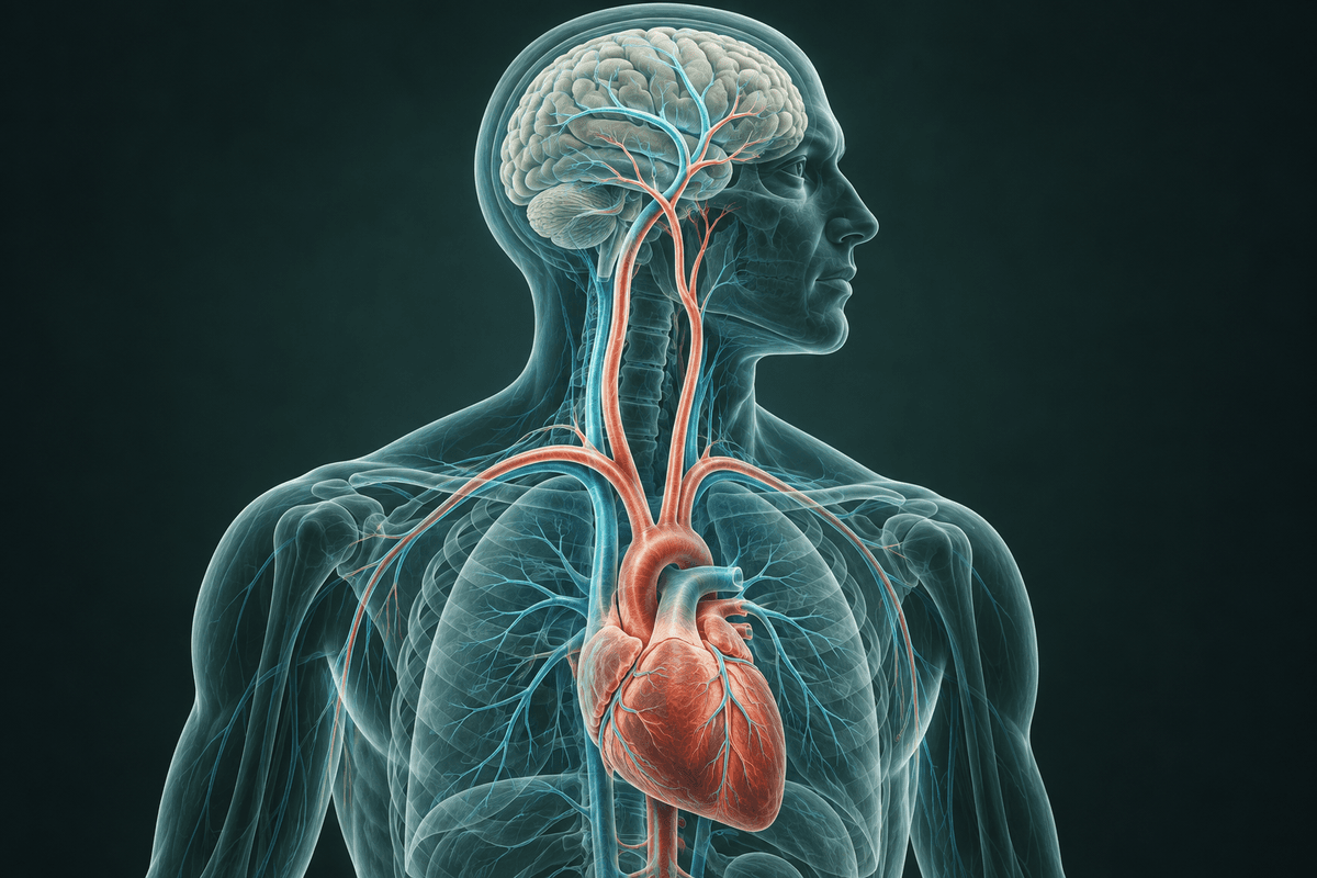 Anatomical illustration of the heart and major vessels supplying the brain.