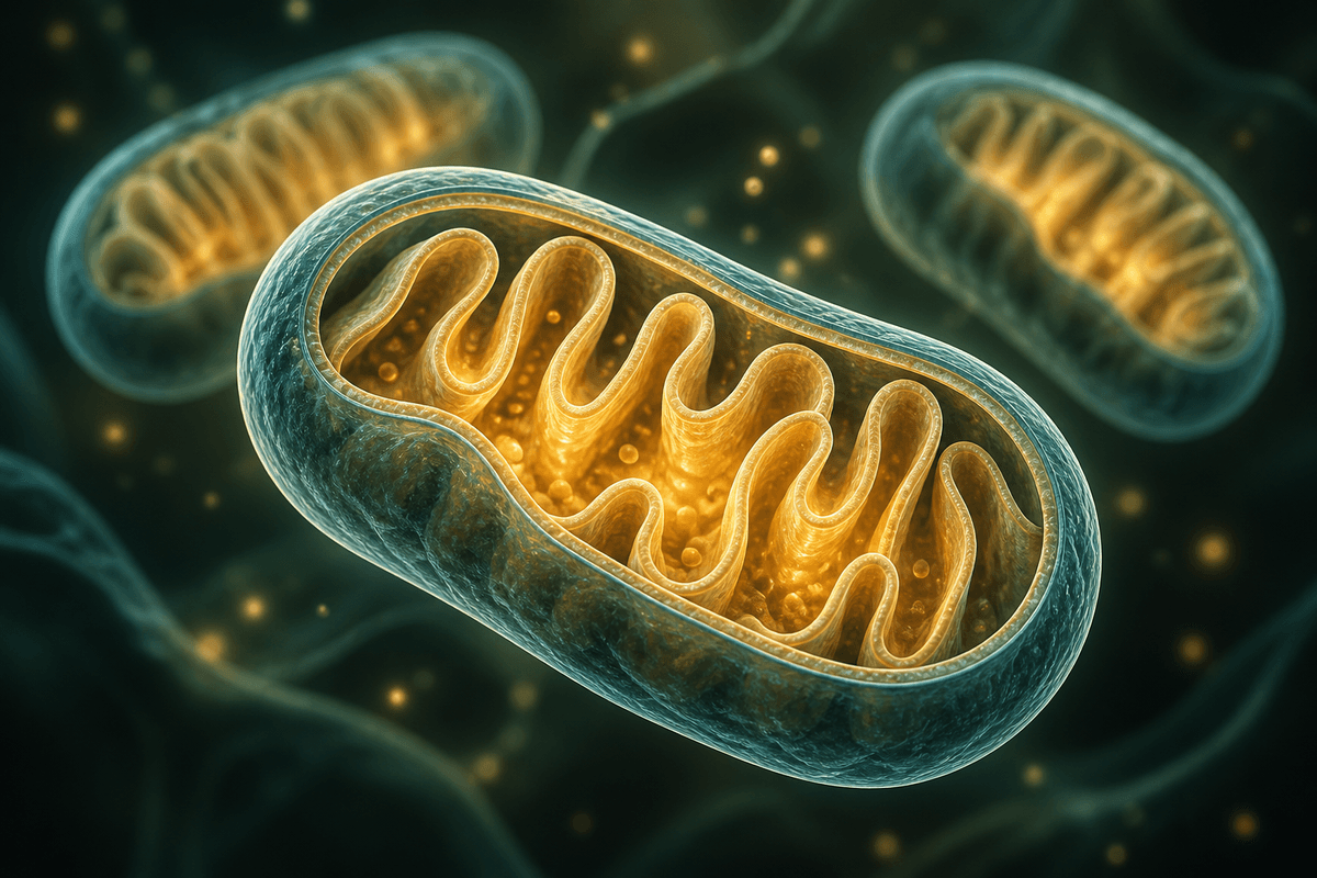 Illustration of mitochondria showing their folded inner membranes.