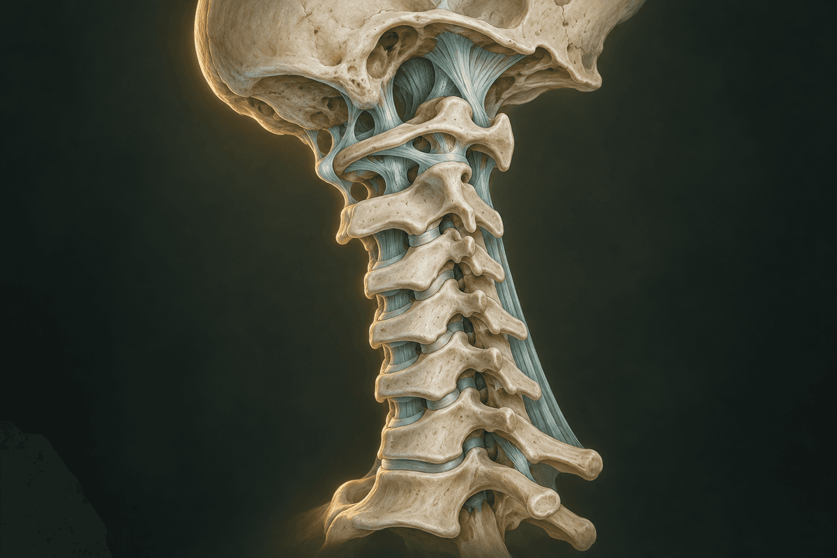 Anatomical illustration of the skull base, cervical vertebrae and supporting ligaments.