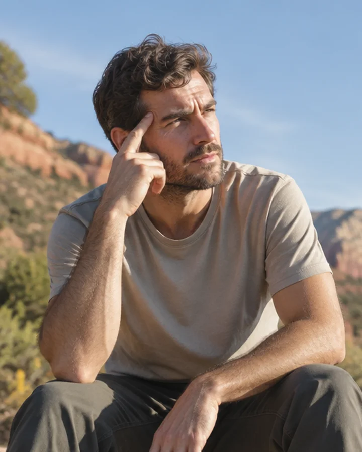 Illustrative AI-generated portrait of a young man seated outdoors, hand to his head.